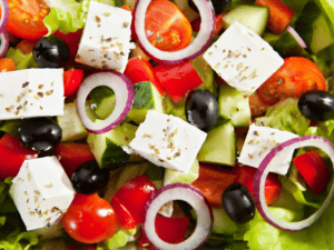 Classic Greek salad with crisp vegetables, feta cheese, and Kalamata olives