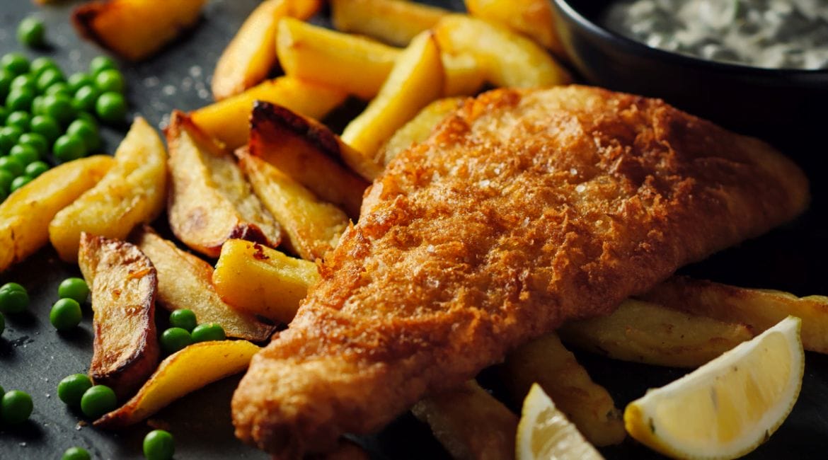 Classic British fish and chips with crispy battered fish and golden fries