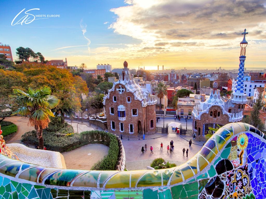View of Parc Güell in Barcelona with Gaudí's colorful mosaics and unique architecture