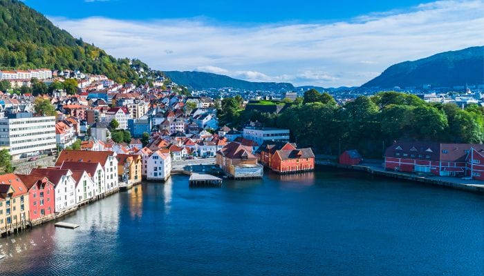 View of typical houses of Bergen from the water.