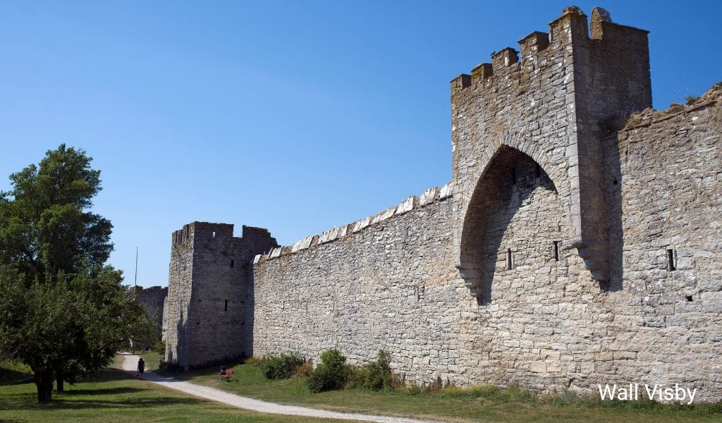 Historic city wall of Visby on Gotland Island, Sweden, surrounded by lush greenery and medieval architecture
