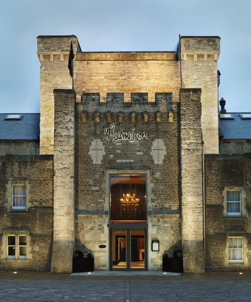 Exterior view of Malmaison Oxford Castle, a historic hotel located in a castle setting.