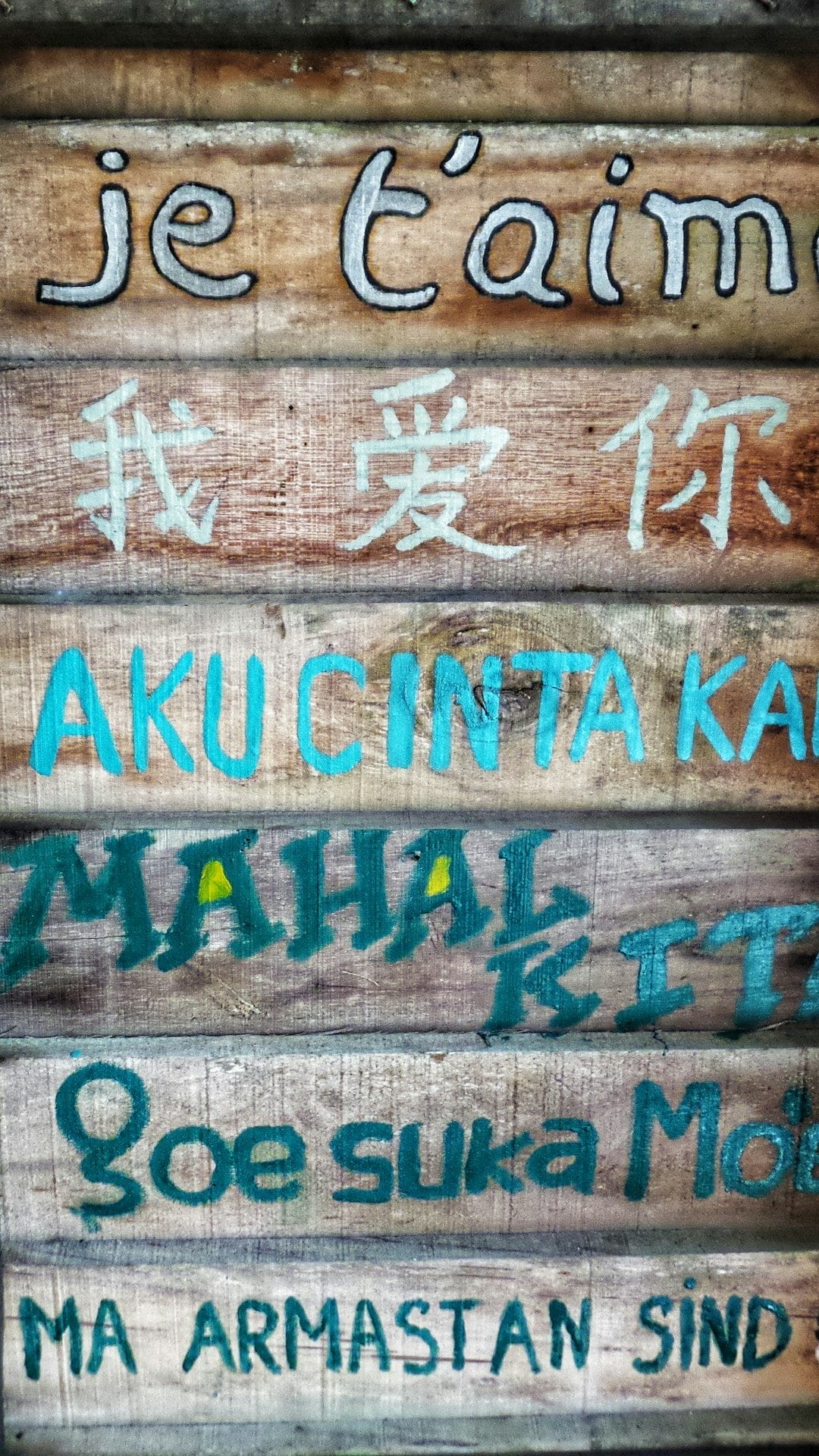 Old fence adorned with words and sentences in various languages, illustrating language learning